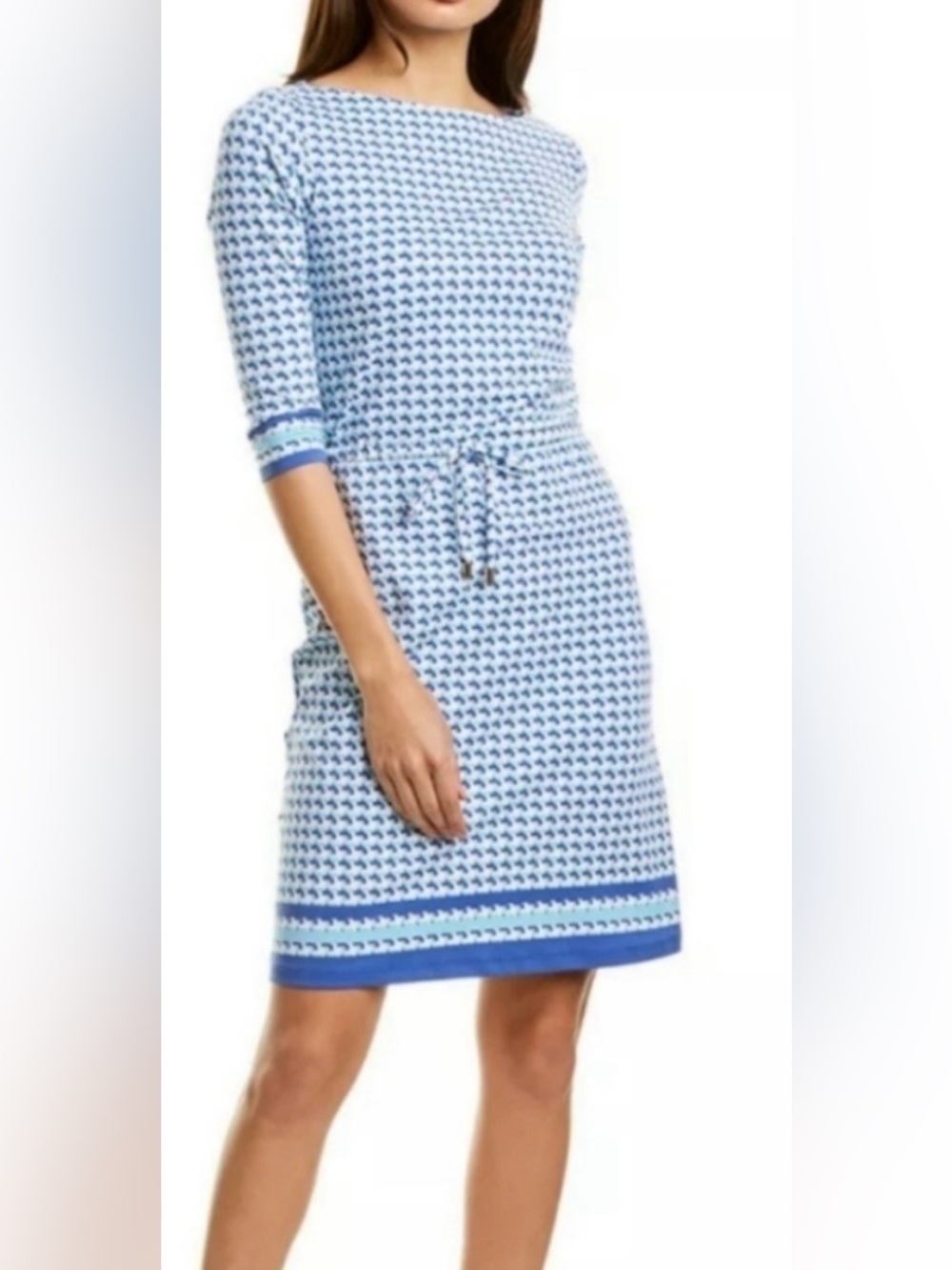 J. McLaughlin Marianne Catalina Cloth Blue Geometric Border Dress Quiet Luxury